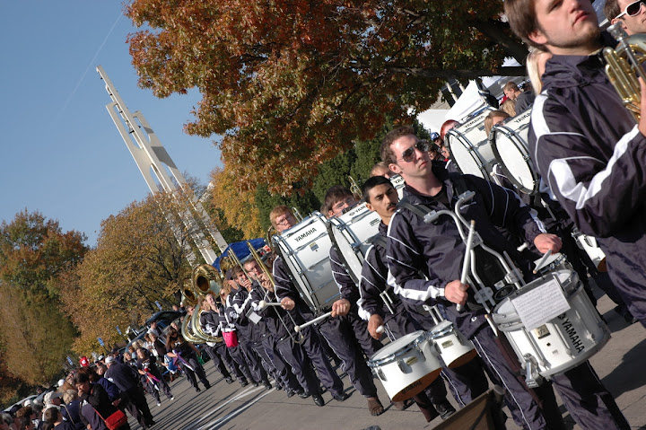 Band marching on campus