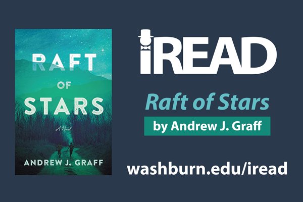 iREAD Book Raft of Stars Cover 2 figures walk along a path converging through trees toward the mountains on the horizon in a blue and green landscape