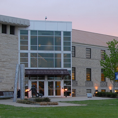 Memorial Union main entrance at dusk