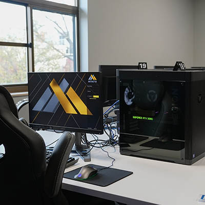 Rows of computers with headsets