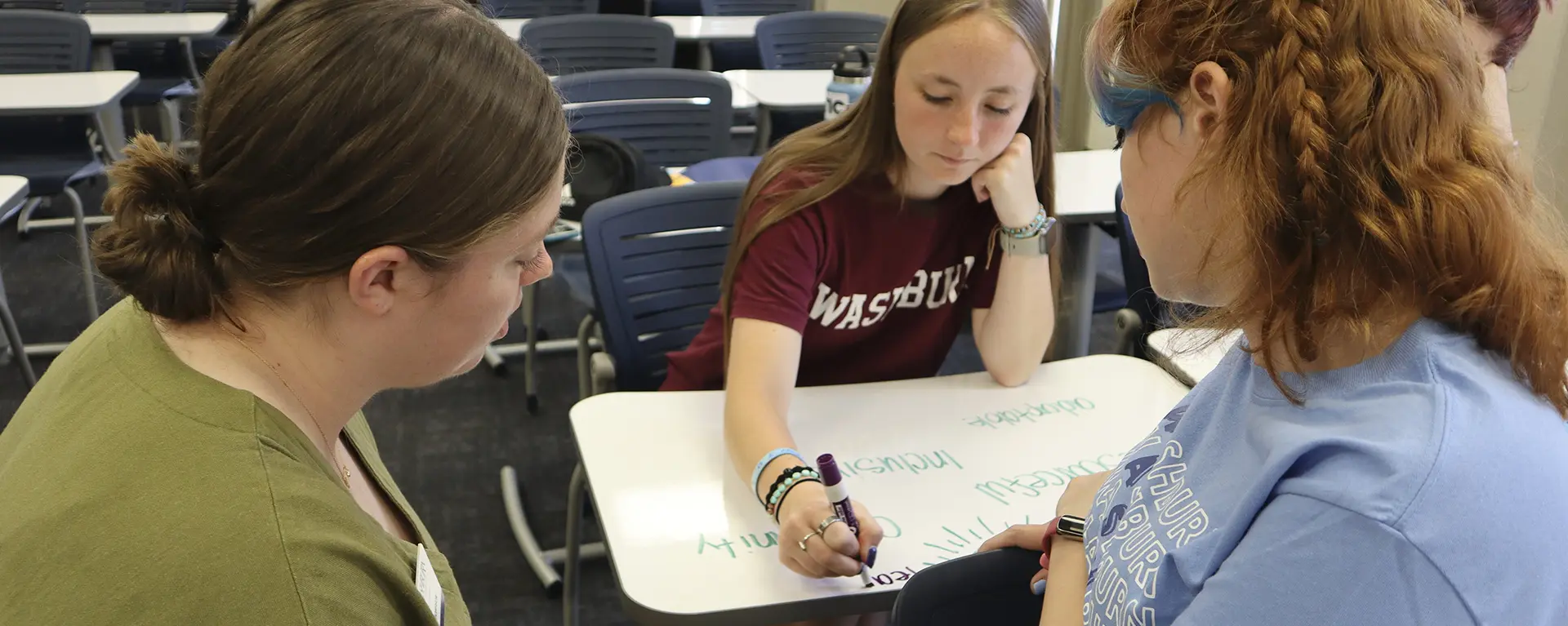 Students work together in a leadership class.