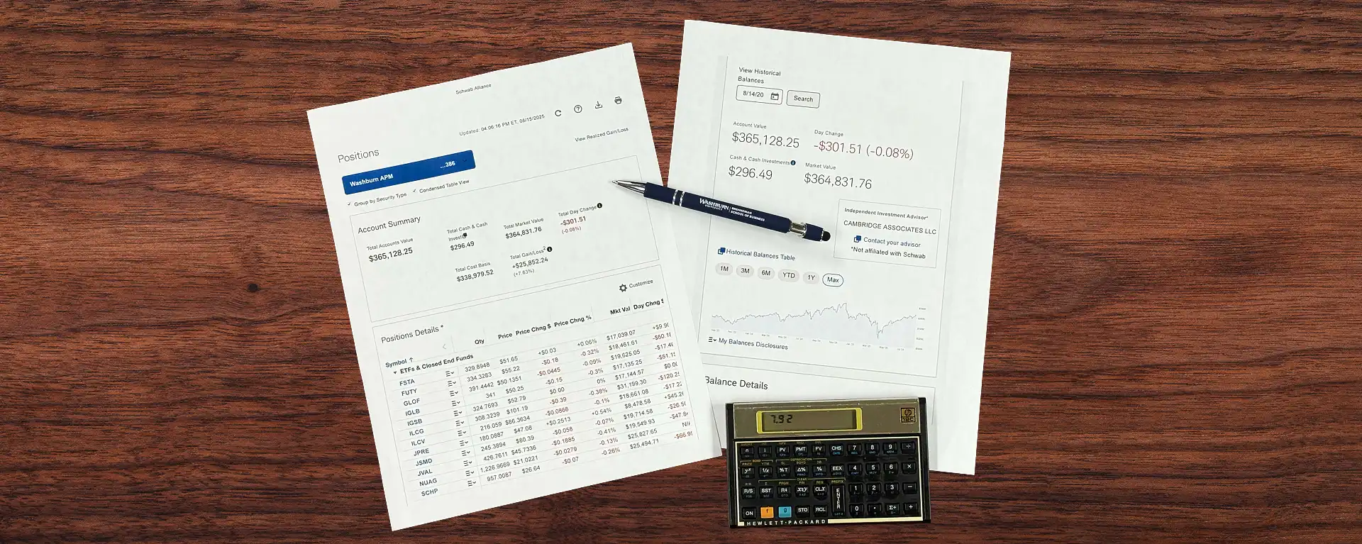 accounting papers, pen and calculator on a wooden table
