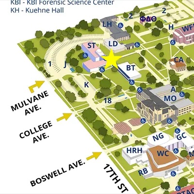 Garden location marked with a star on the southeast corner of Stoffer Hall.