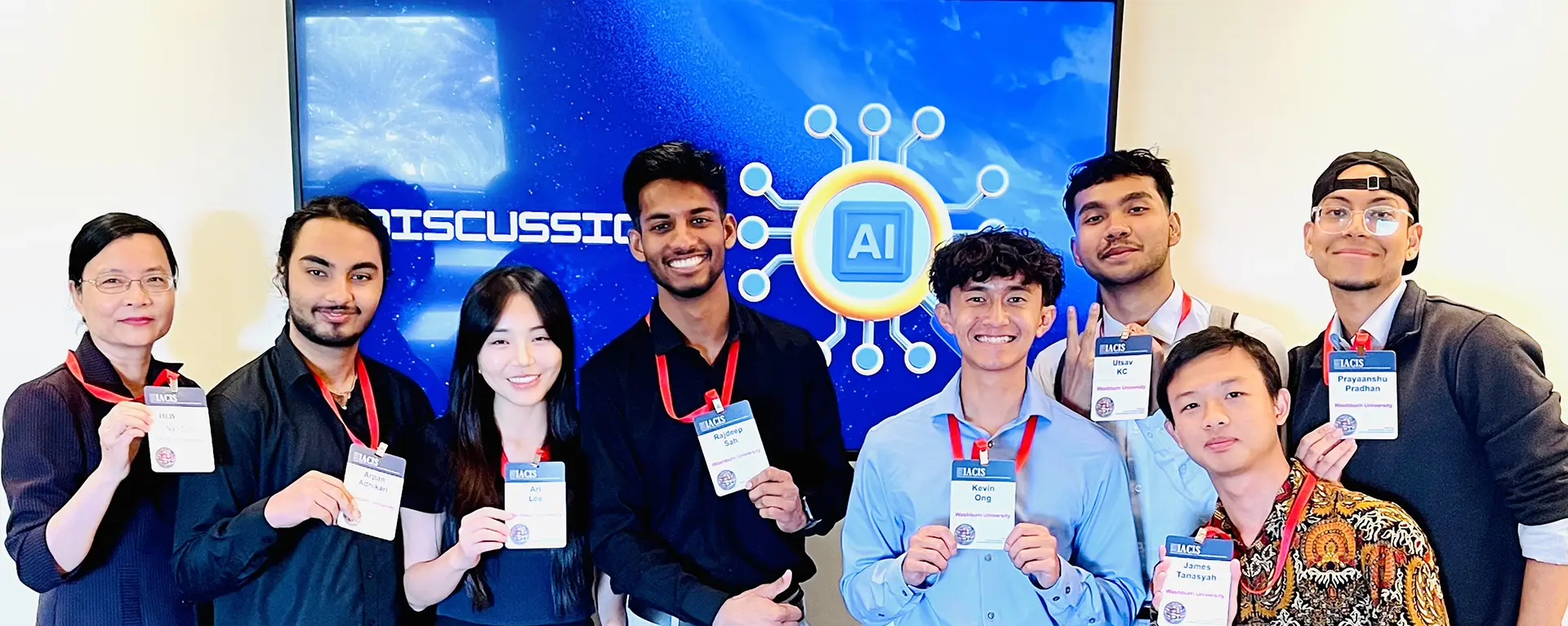students pose for group photo at AI conference