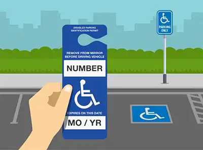 illustration of a hand holding an vehicle accessibility hanger with accessible parking space behind.