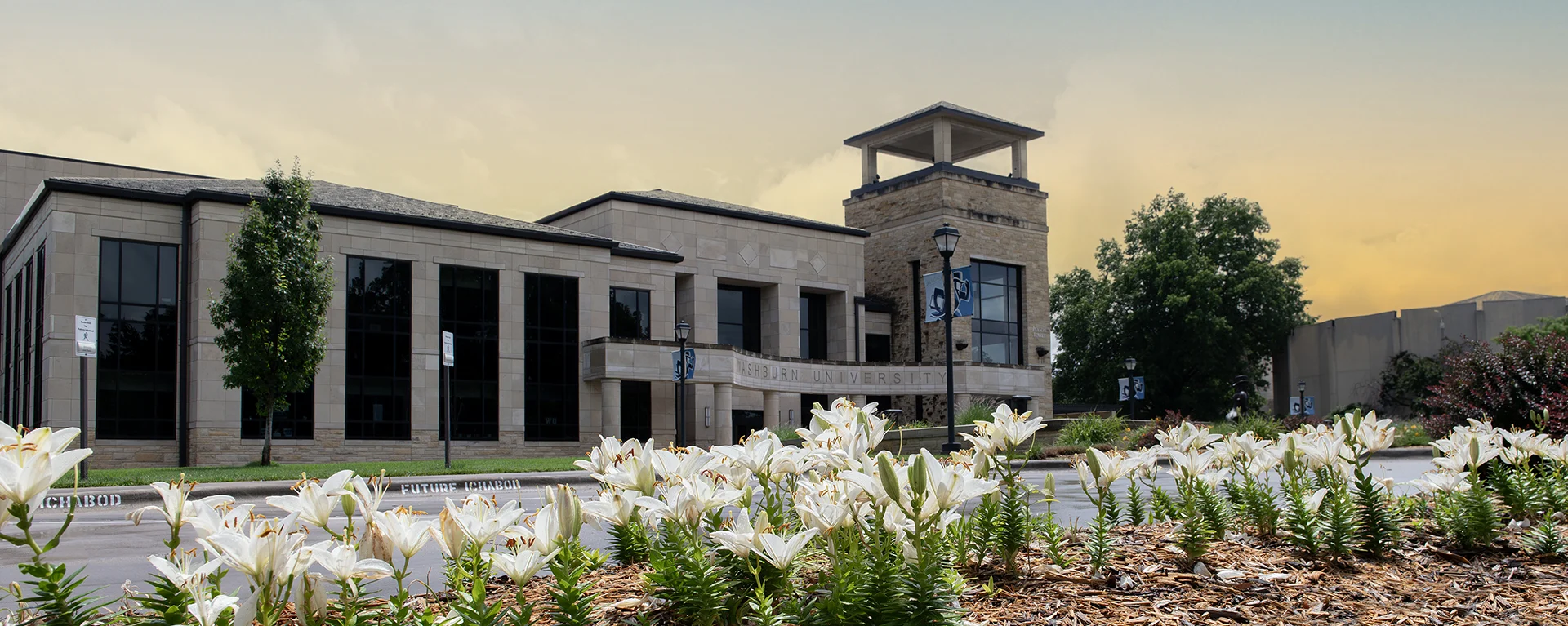Lillies bloom in front of Morgan Hall at sunset.