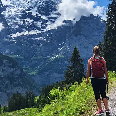 student looking at swiss alps