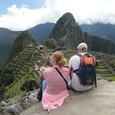 two students overlooking Machu Pichu